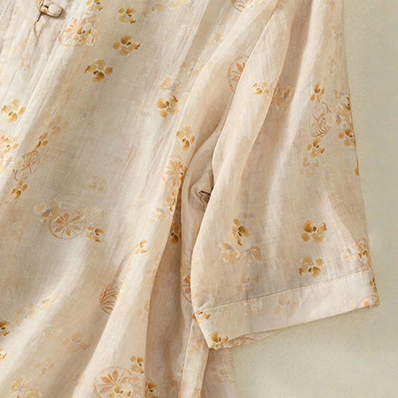 Lightweight Cotton Blend Floral Print Half-Sleeve Meditation Shirt