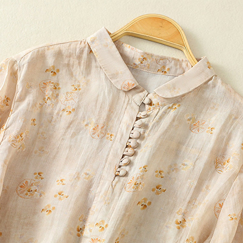 Lightweight Cotton Blend Floral Print Half-Sleeve Meditation Shirt