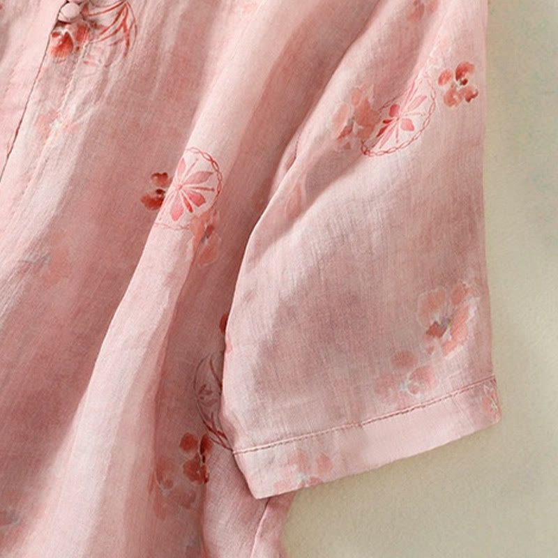 Lightweight Cotton Blend Floral Print Half-Sleeve Meditation Shirt