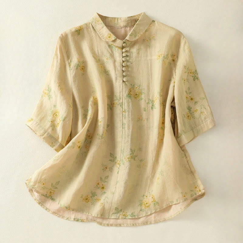 Lightweight Cotton Blend Floral Print Half-Sleeve Meditation Shirt