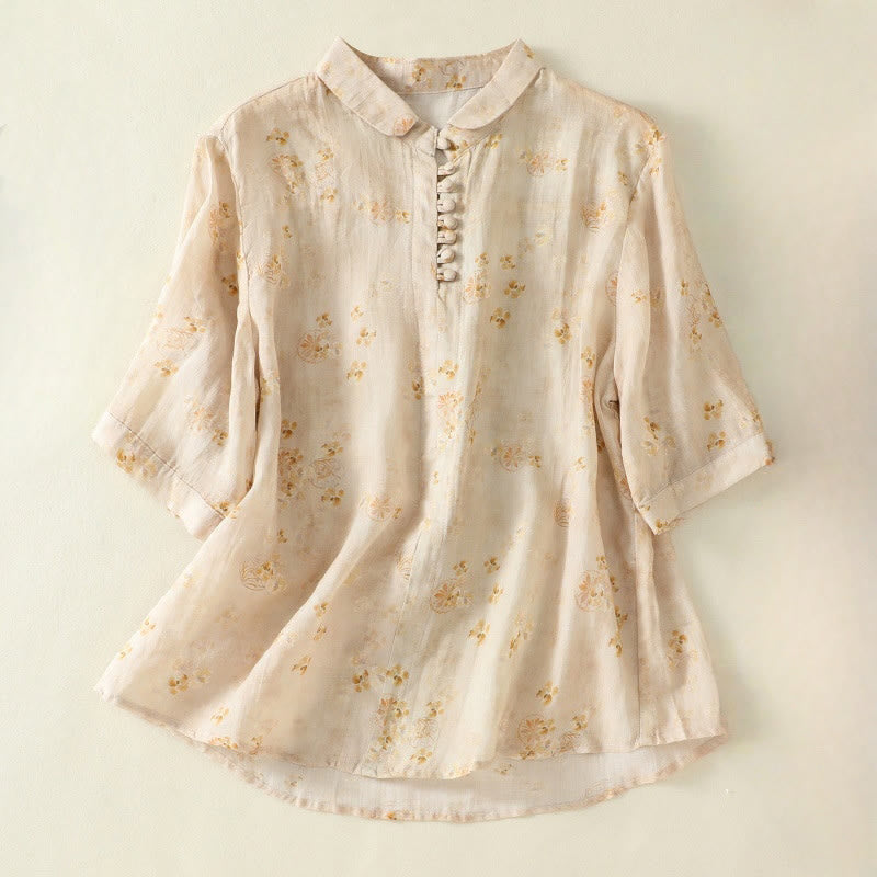 Lightweight Cotton Blend Floral Print Half-Sleeve Meditation Shirt