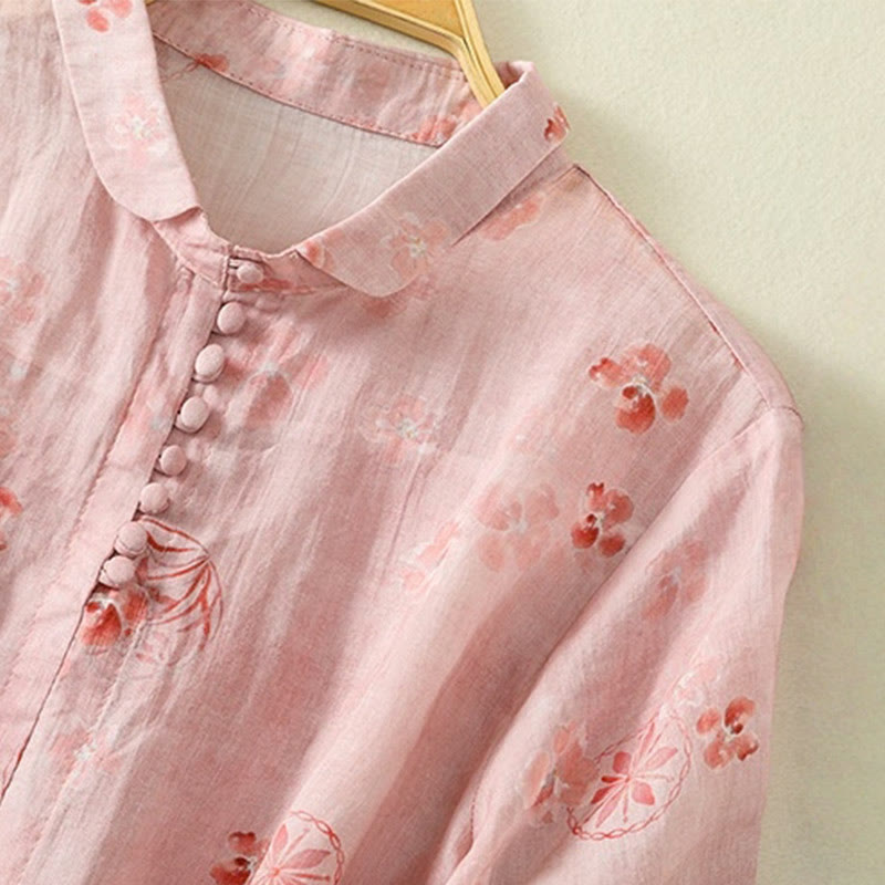 Lightweight Cotton Blend Floral Print Half-Sleeve Meditation Shirt