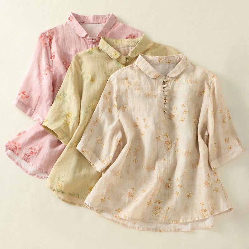 Lightweight Cotton Blend Floral Print Half-Sleeve Meditation Shirt