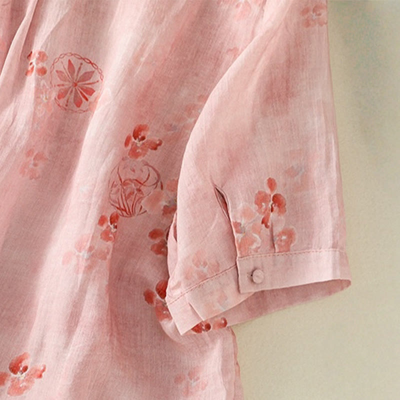 Lightweight Cotton Blend Floral Print Half-Sleeve Meditation Shirt