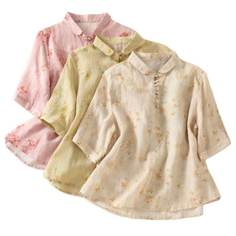 Lightweight Cotton Blend Floral Print Half-Sleeve Meditation Shirt
