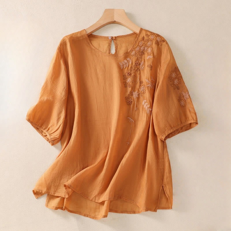 Tactile Cotton Linen Embroidered Hem Meditation T-Shirt