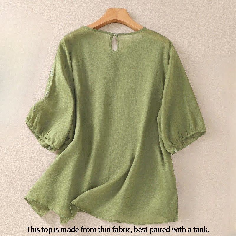 Tactile Cotton Linen Embroidered Hem Meditation T-Shirt