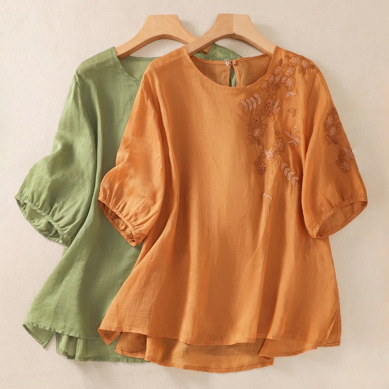 Tactile Cotton Linen Embroidered Hem Meditation T-Shirt