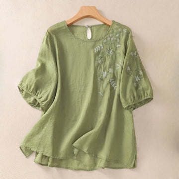 Tactile Cotton Linen Embroidered Hem Meditation T-Shirt