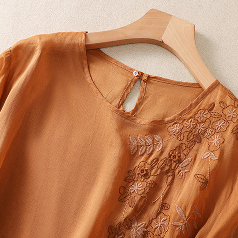 Tactile Cotton Linen Embroidered Hem Meditation T-Shirt