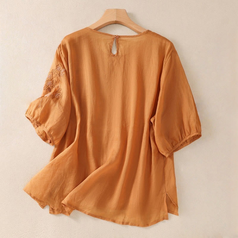 Tactile Cotton Linen Embroidered Hem Meditation T-Shirt