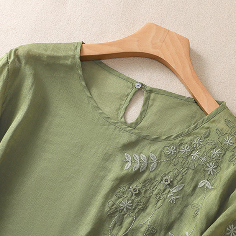 Tactile Cotton Linen Embroidered Hem Meditation T-Shirt