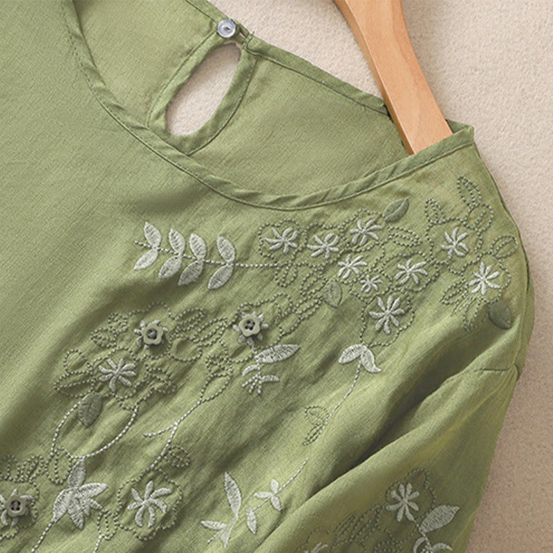 Tactile Cotton Linen Embroidered Hem Meditation T-Shirt