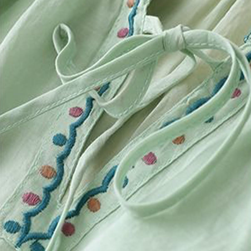 Cotton Linen Lantern Sleeve Embroidered Meditation T-Shirt