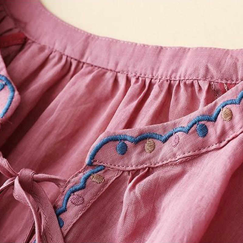 Cotton Linen Lantern Sleeve Embroidered Meditation T-Shirt