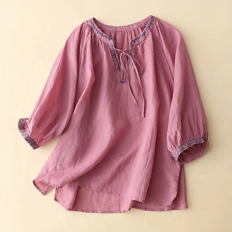 Cotton Linen Lantern Sleeve Embroidered Meditation T-Shirt