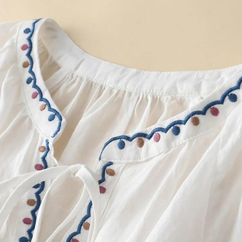 Cotton Linen Lantern Sleeve Embroidered Meditation T-Shirt