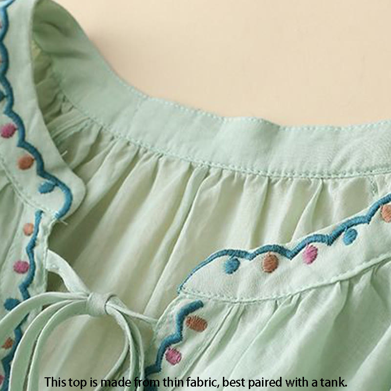 Cotton Linen Lantern Sleeve Embroidered Meditation T-Shirt