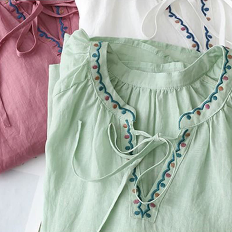 Cotton Linen Lantern Sleeve Embroidered Meditation T-Shirt
