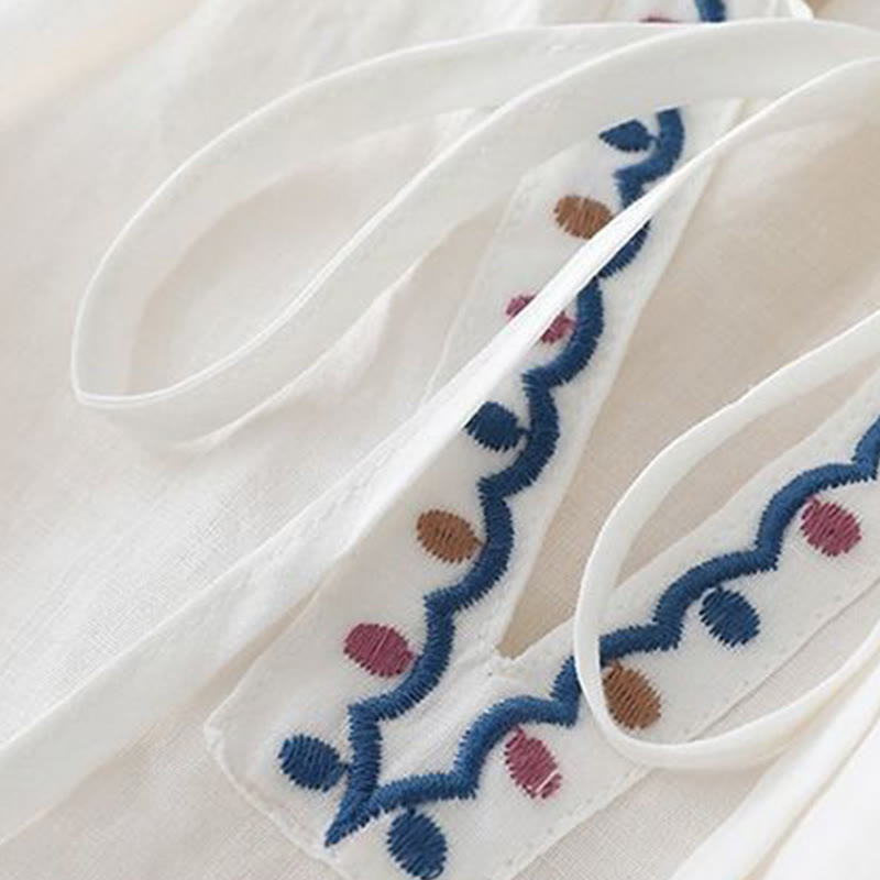Cotton Linen Lantern Sleeve Embroidered Meditation T-Shirt