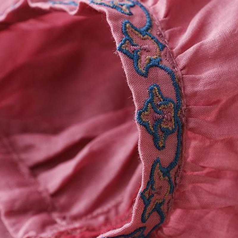 Cotton Linen Lantern Sleeve Embroidered Meditation T-Shirt
