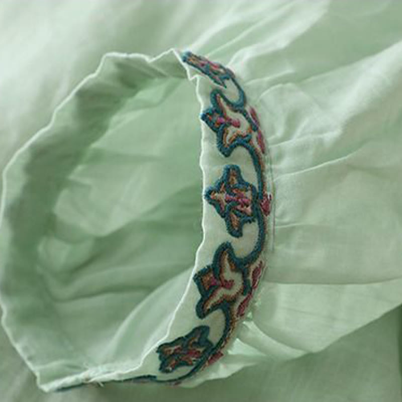 Cotton Linen Lantern Sleeve Embroidered Meditation T-Shirt