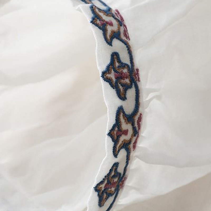 Cotton Linen Lantern Sleeve Embroidered Meditation T-Shirt