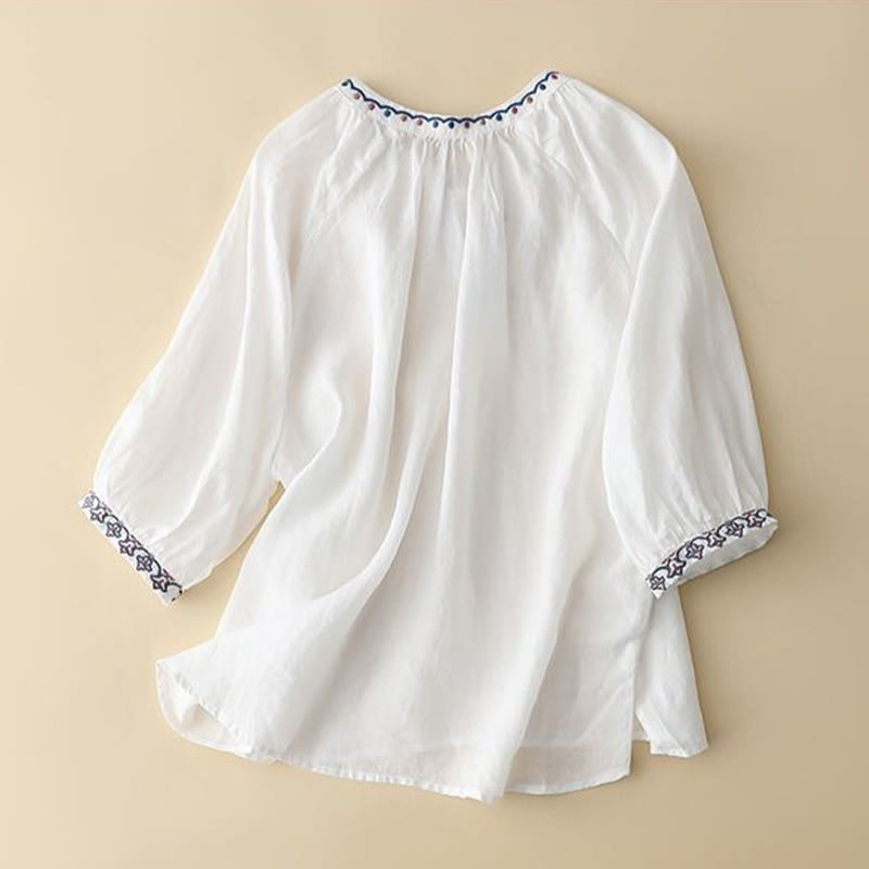 Cotton Linen Lantern Sleeve Embroidered Meditation T-Shirt