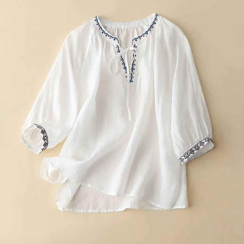 Cotton Linen Lantern Sleeve Embroidered Meditation T-Shirt