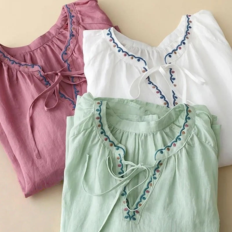 Cotton Linen Lantern Sleeve Embroidered Meditation T-Shirt