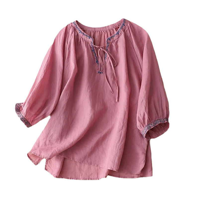 Cotton Linen Lantern Sleeve Embroidered Meditation T-Shirt