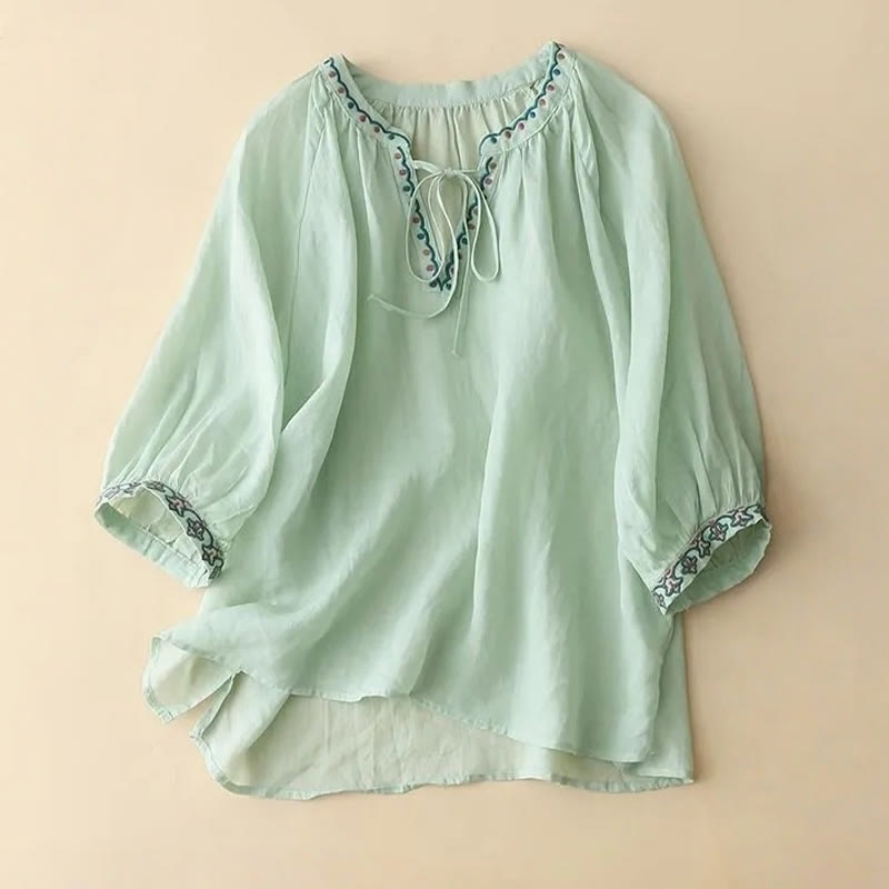 Cotton Linen Lantern Sleeve Embroidered Meditation T-Shirt