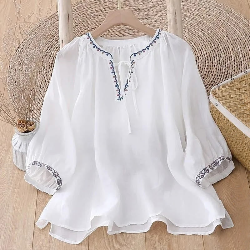 Cotton Linen Lantern Sleeve Embroidered Meditation T-Shirt