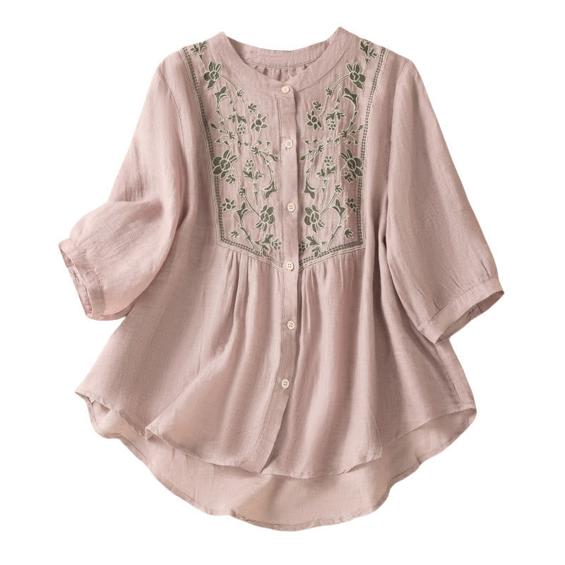 Breathable Cotton Linen Embroidered Three-Quarter Sleeve Meditation Shirt