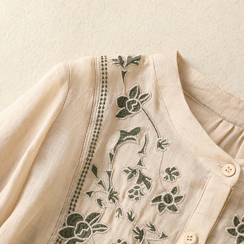 Breathable Cotton Linen Embroidered Three-Quarter Sleeve Meditation Shirt