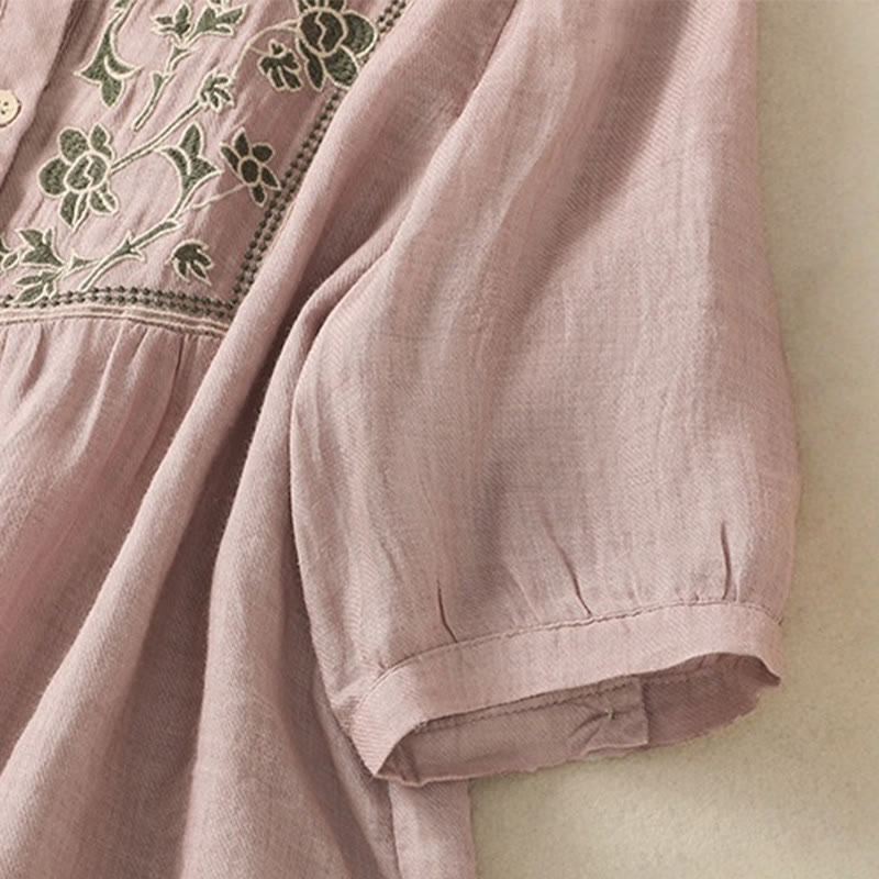 Breathable Cotton Linen Embroidered Three-Quarter Sleeve Meditation Shirt