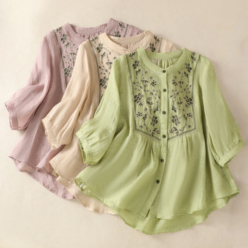 Breathable Cotton Linen Embroidered Three-Quarter Sleeve Meditation Shirt