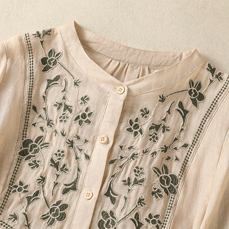 Breathable Cotton Linen Embroidered Three-Quarter Sleeve Meditation Shirt