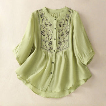 Breathable Cotton Linen Embroidered Three-Quarter Sleeve Meditation Shirt