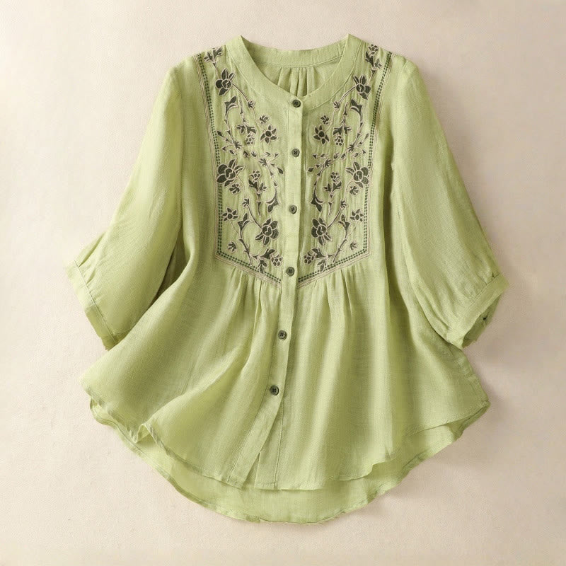 Breathable Cotton Linen Embroidered Three-Quarter Sleeve Meditation Shirt