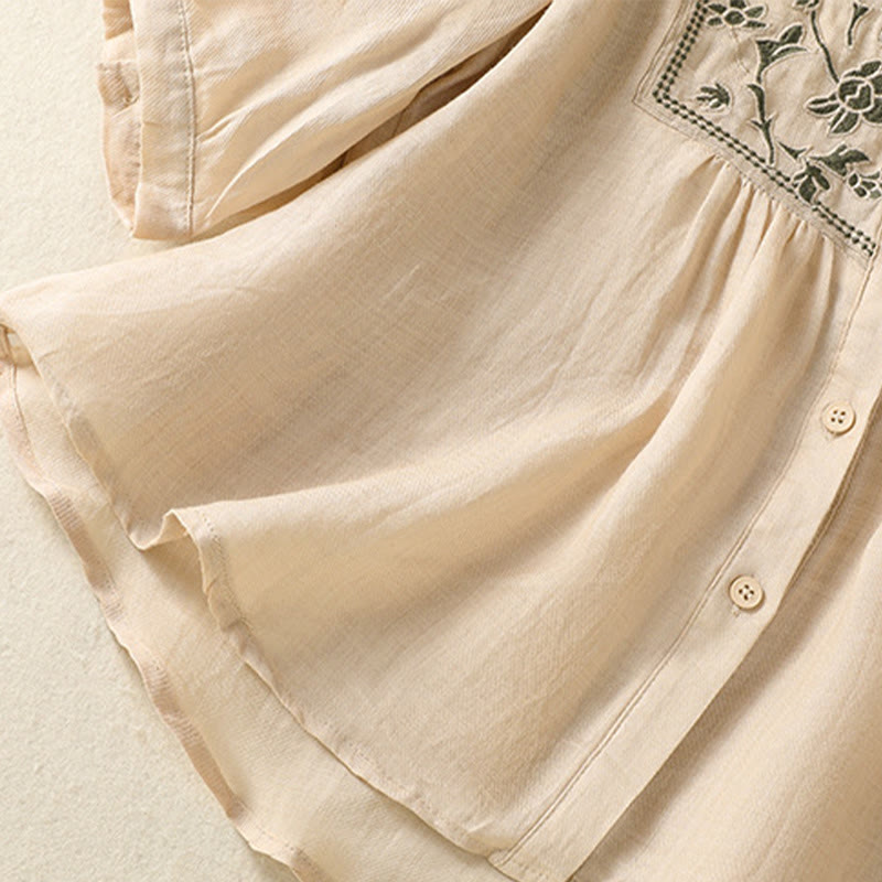 Breathable Cotton Linen Embroidered Three-Quarter Sleeve Meditation Shirt