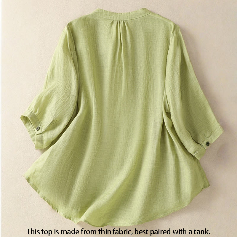 Breathable Cotton Linen Embroidered Three-Quarter Sleeve Meditation Shirt