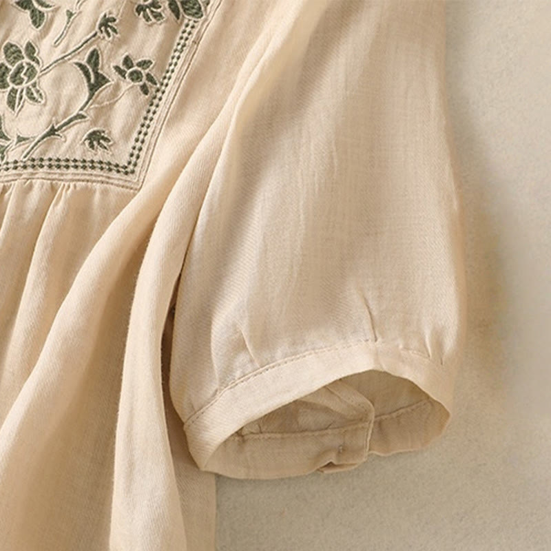 Breathable Cotton Linen Embroidered Three-Quarter Sleeve Meditation Shirt