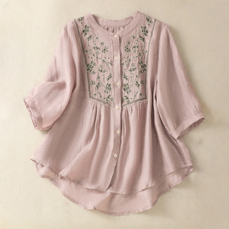 Breathable Cotton Linen Embroidered Three-Quarter Sleeve Meditation Shirt