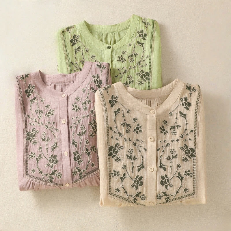 Breathable Cotton Linen Embroidered Three-Quarter Sleeve Meditation Shirt