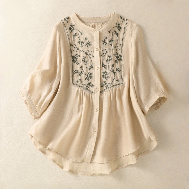 Breathable Cotton Linen Embroidered Three-Quarter Sleeve Meditation Shirt