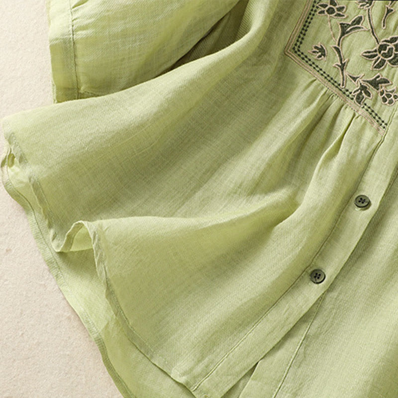 Breathable Cotton Linen Embroidered Three-Quarter Sleeve Meditation Shirt