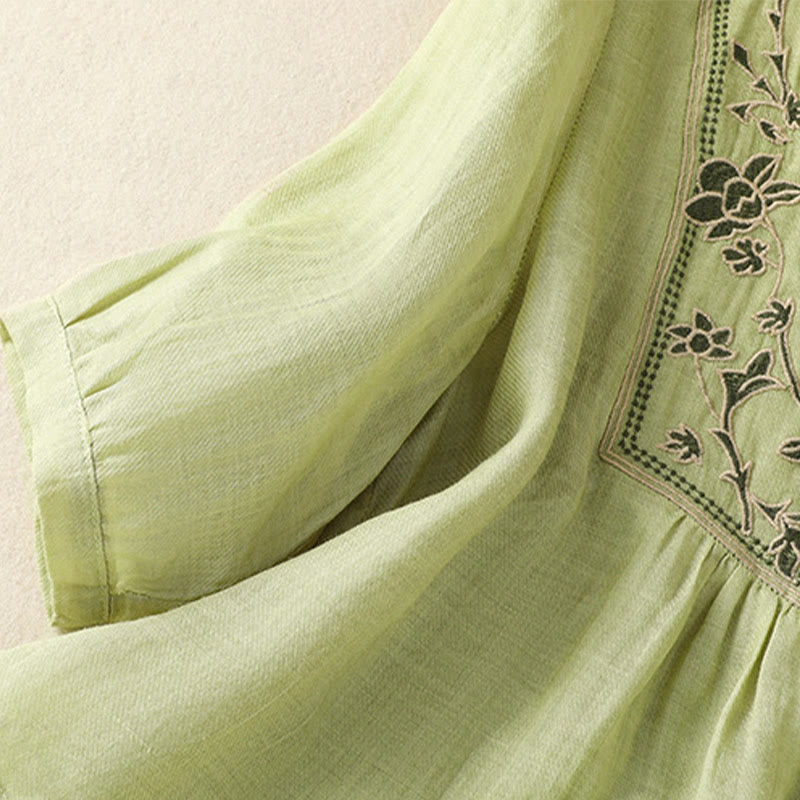 Breathable Cotton Linen Embroidered Three-Quarter Sleeve Meditation Shirt