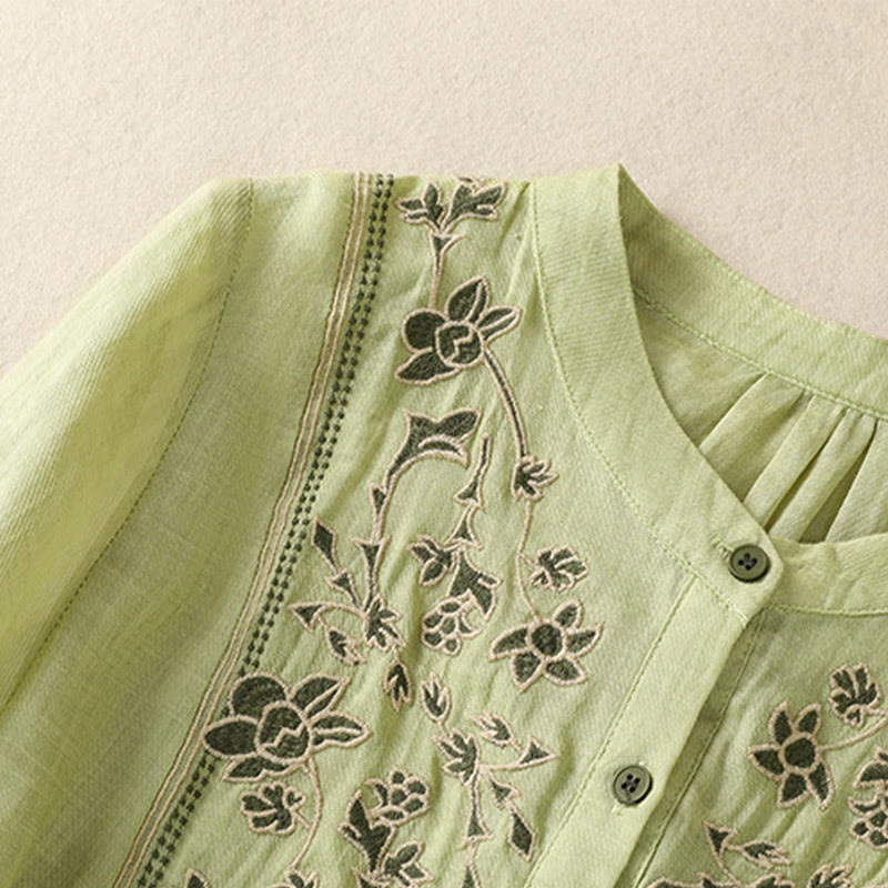 Breathable Cotton Linen Embroidered Three-Quarter Sleeve Meditation Shirt
