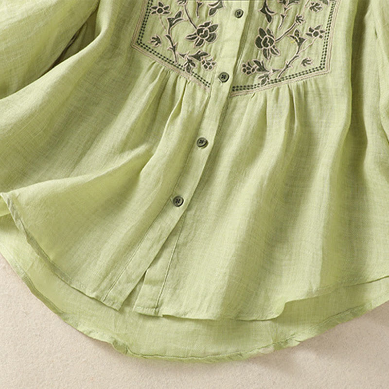 Breathable Cotton Linen Embroidered Three-Quarter Sleeve Meditation Shirt